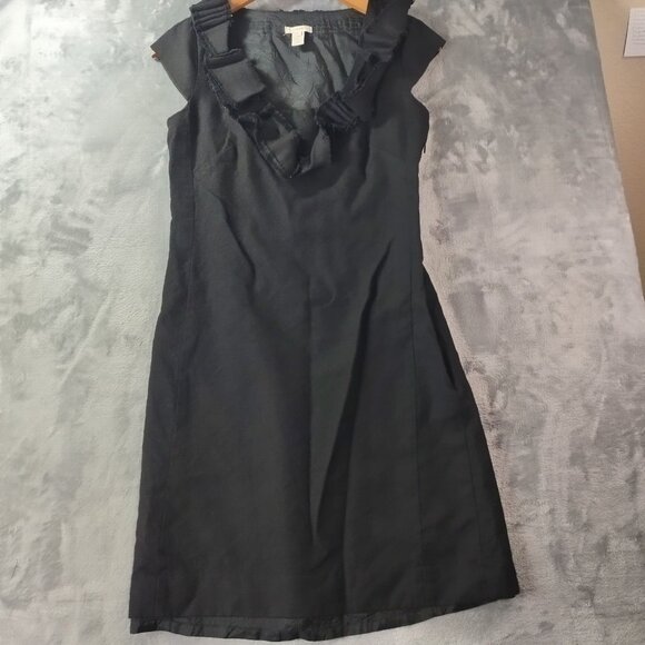 J‎ Crew Womens Black 100% Wool Ruffle Neck Dress 0 Career Lined Classic Office - Picture 1 of 11